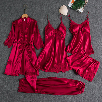 Emirae - Five-Piece Ice Silk Nightgown - Red