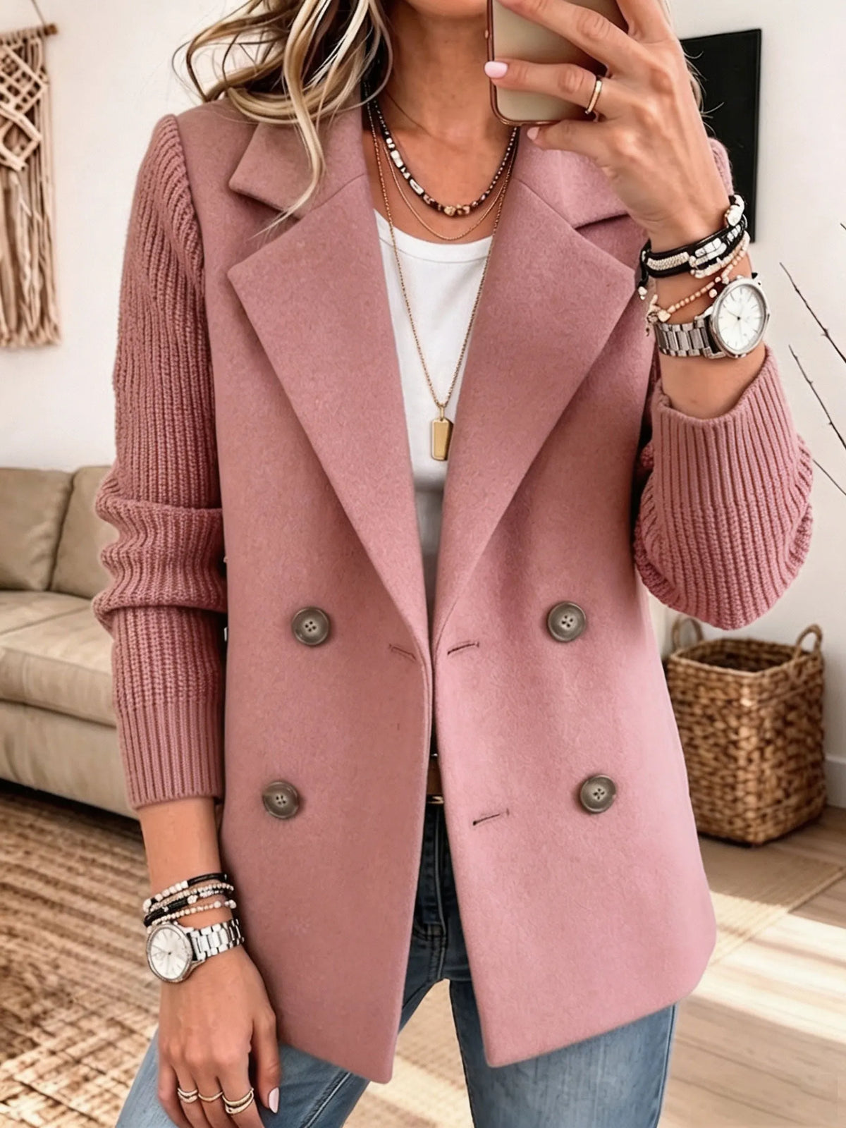 Adalene - Knit Sleeve Double Breasted Blazer - Green