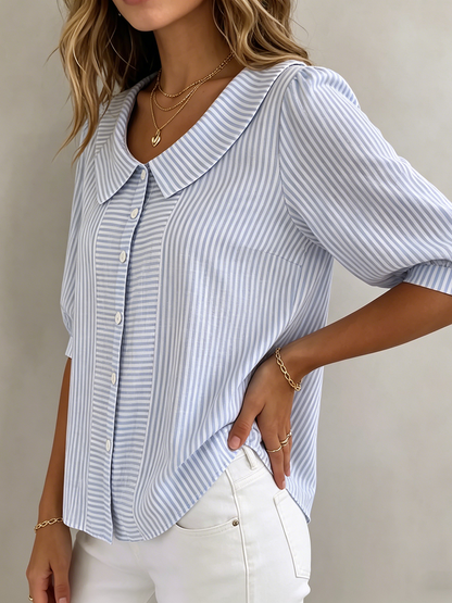 Xandria - Striped Button Blouse - Navy