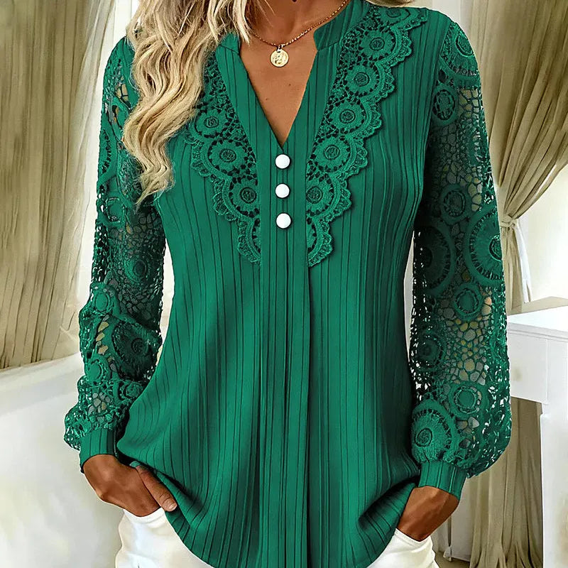 Caravelle - Pleated Lace Long Sleeve Blouse - Peach