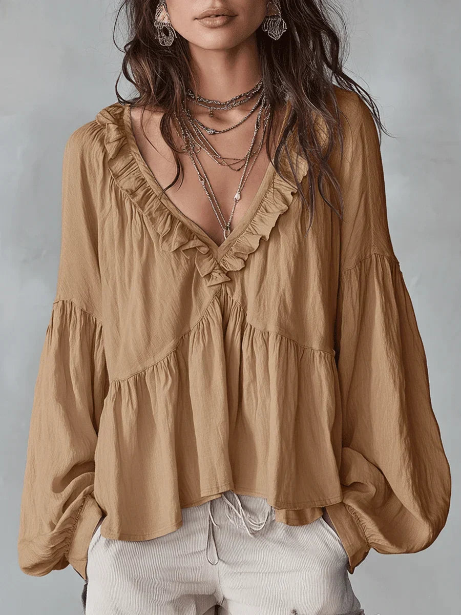 Narella - Ruffle V-Neck Blouse - Blue