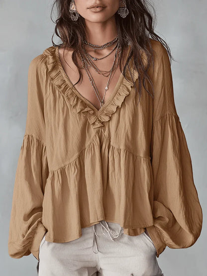 Narella - Ruffle V-Neck Blouse - Blue