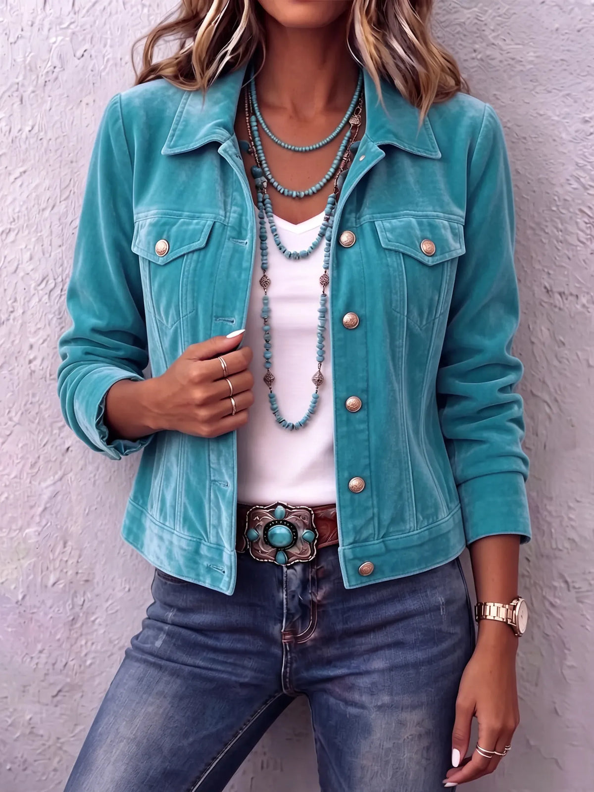 Amandria - Vintage Wash Button Jacket - Blue