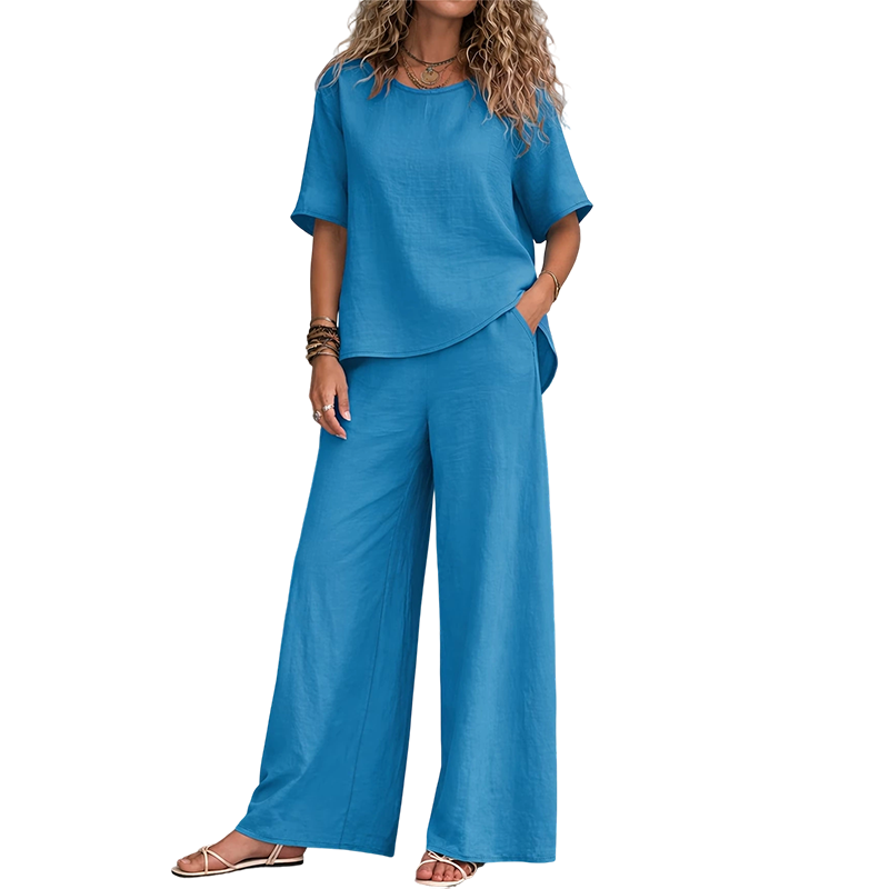 Annavie - Breathable Linen Two-Piece Set - Blue