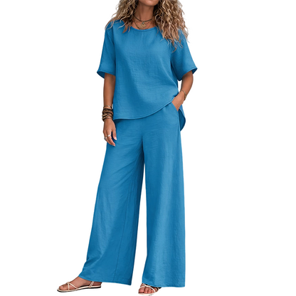 Annavie - Breathable Linen Two-Piece Set - Blue