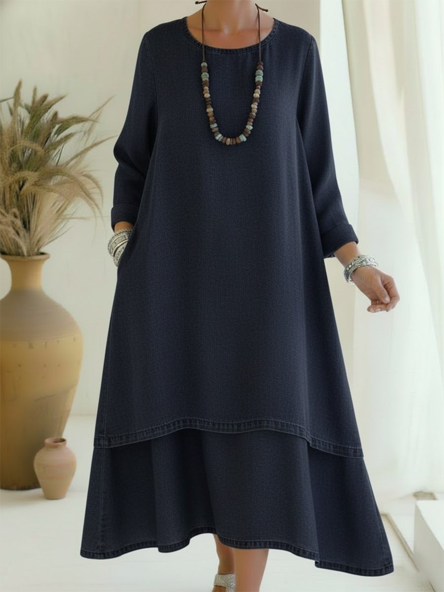 Sienna - Soft-Touch Long-Sleeve Midi Dress - Blue