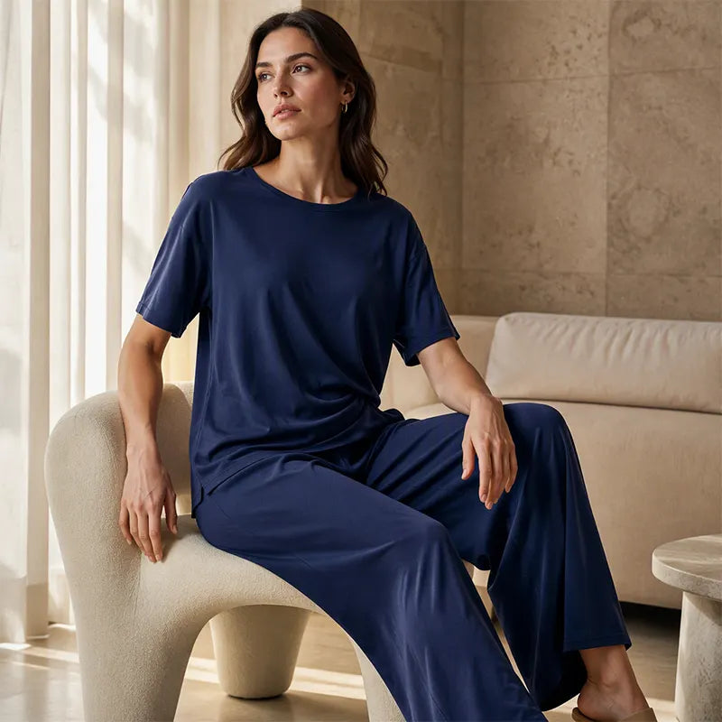 Annavie - Breathable Linen Two-Piece Set - Blue