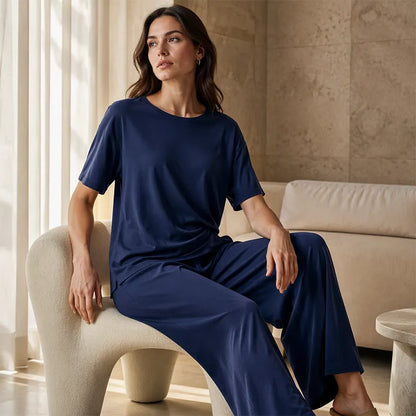 Annavie - Breathable Linen Two-Piece Set - Blue
