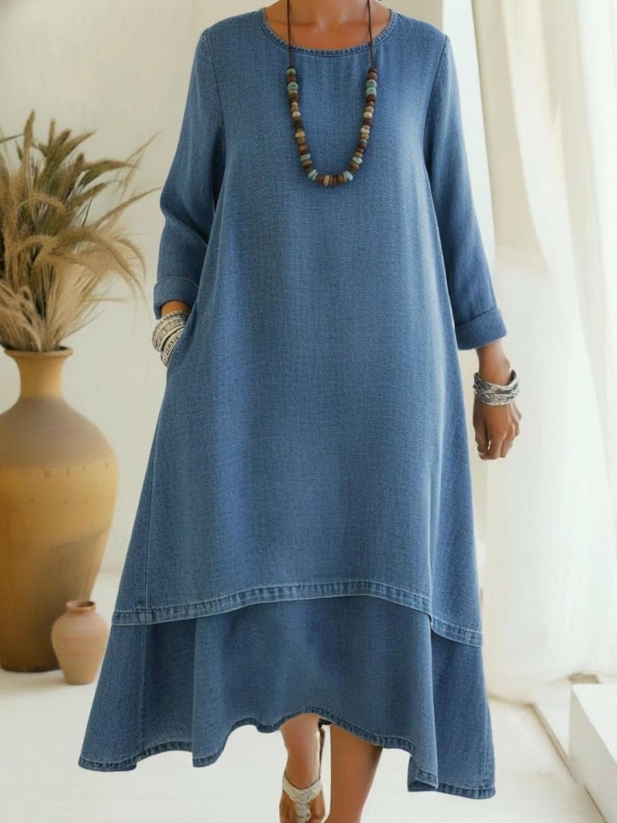 Sienna - Soft-Touch Long-Sleeve Midi Dress - Blue