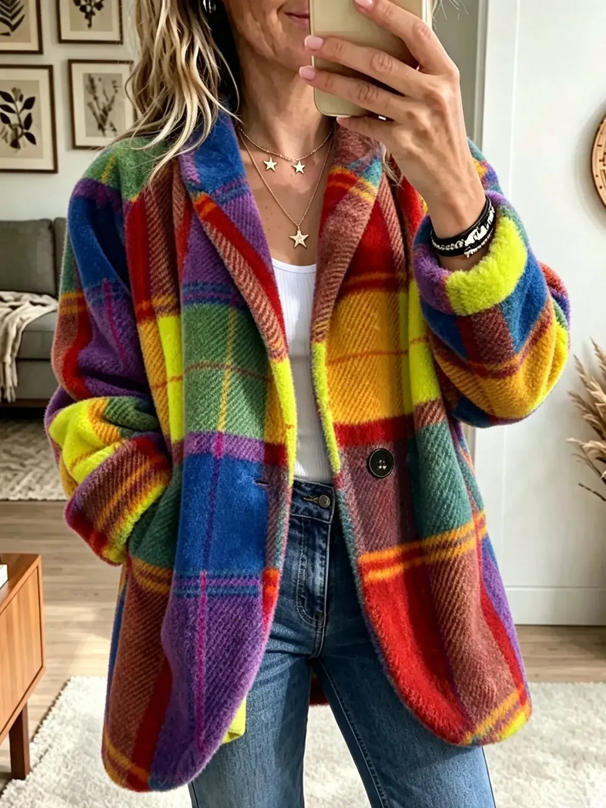 Apollonia - Plush Oversized Checked Jacket - Red