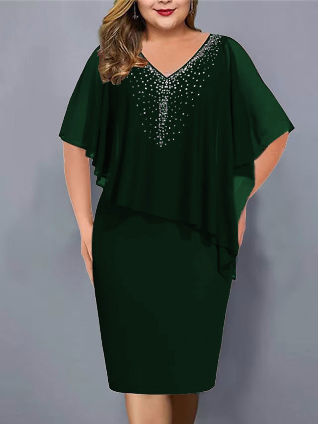 Lirienne - Premium Rhinestone V-Neck Midi Dress - Black