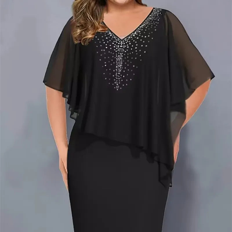 Lirienne - Premium Rhinestone V-Neck Midi Dress - Black