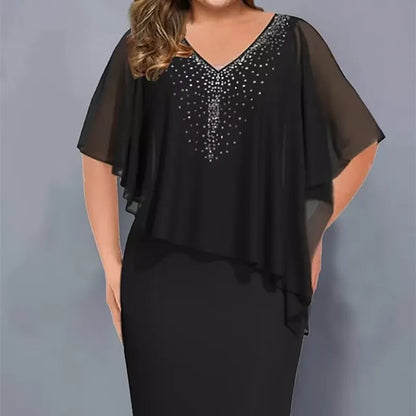 Lirienne - Premium Rhinestone V-Neck Midi Dress - Black