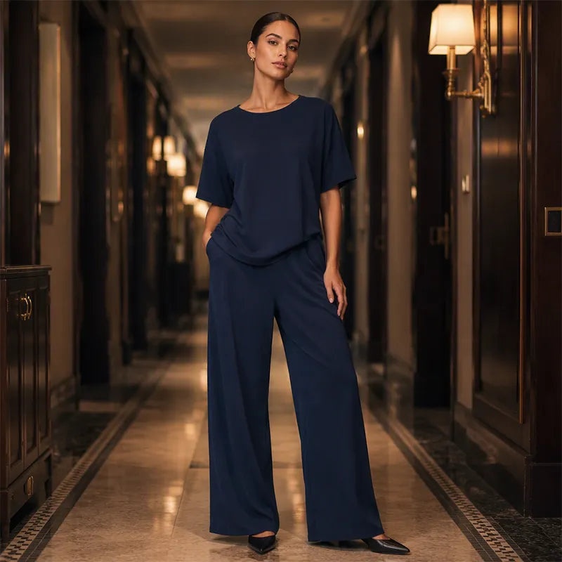 Annavie - Breathable Linen Two-Piece Set - Blue