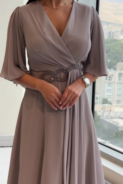 Celinette - Crystal Waist Chiffon Maxi Dress - Grey