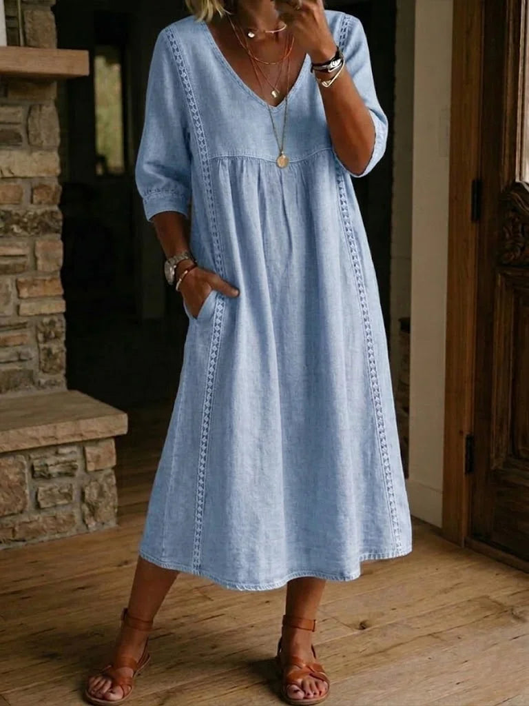 Rovina - Relaxed Midi Dress 3/4 Sleeve - Blue