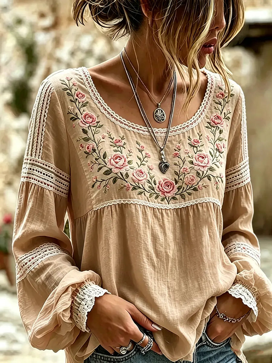 Tressalia - Embroidered Linen Blouse - Multicolour