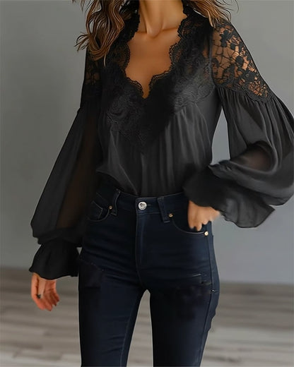 Celinrae - V-Neck Lace Long Sleeve Blouse - White