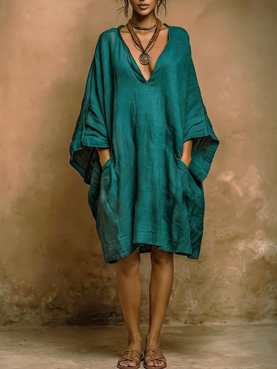 Valenne - Loose Fit V Neck Midi Dress - Green
