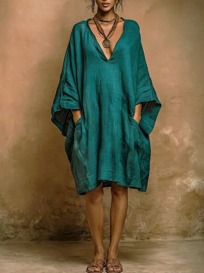 Valenne - Loose Fit V Neck Midi Dress - Green