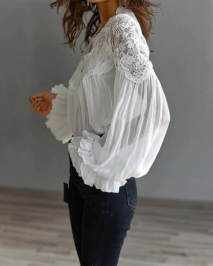 Celinrae - V-Neck Lace Long Sleeve Blouse - Black