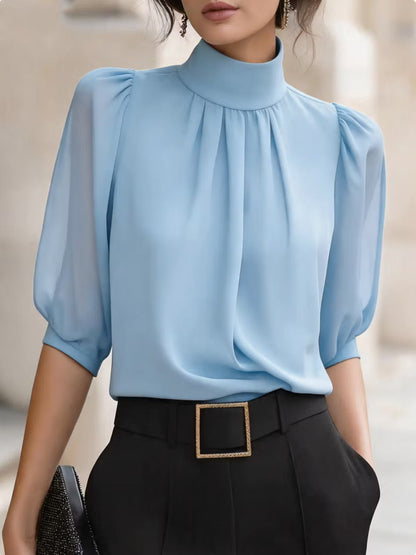 Valessique - Pleated High Neck Blouse - Blue