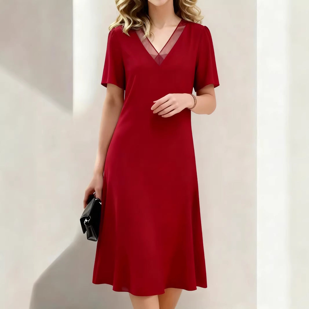 Brina - V-Neck Midi Dress Short Sleeve - Red