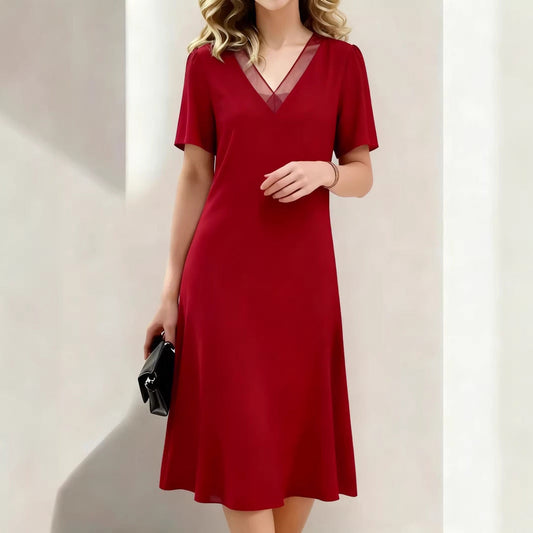 Brina - V-Neck Midi Dress Short Sleeve - Red