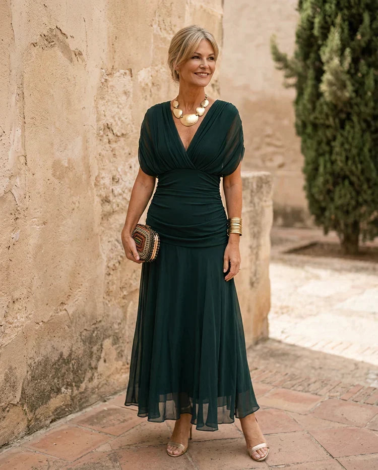 Samantha - Elegant Draped Dress - Green