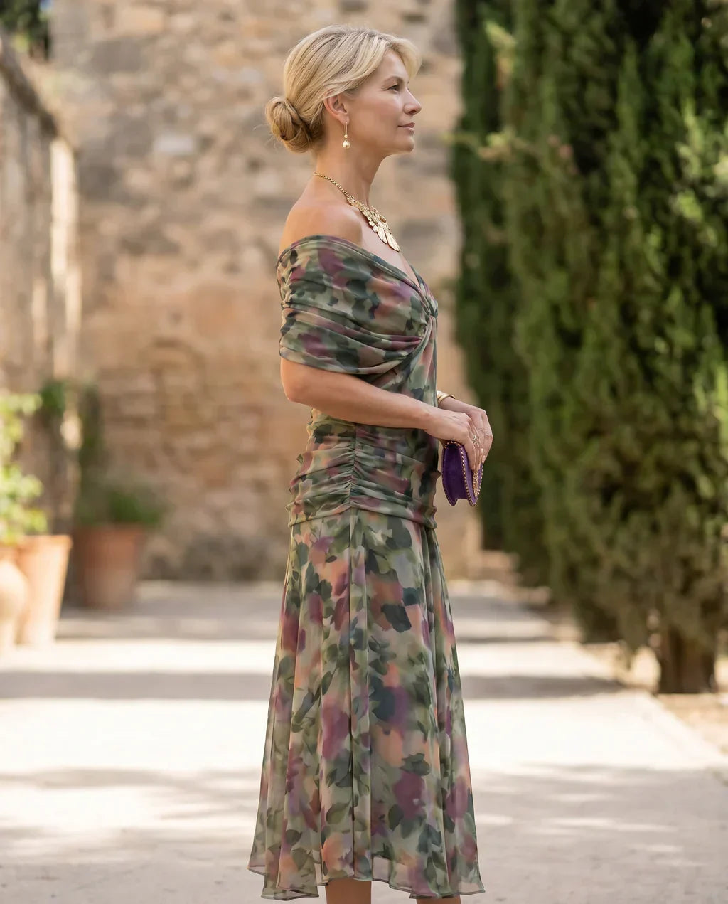 Samantha - Elegant Draped Dress - Purple
