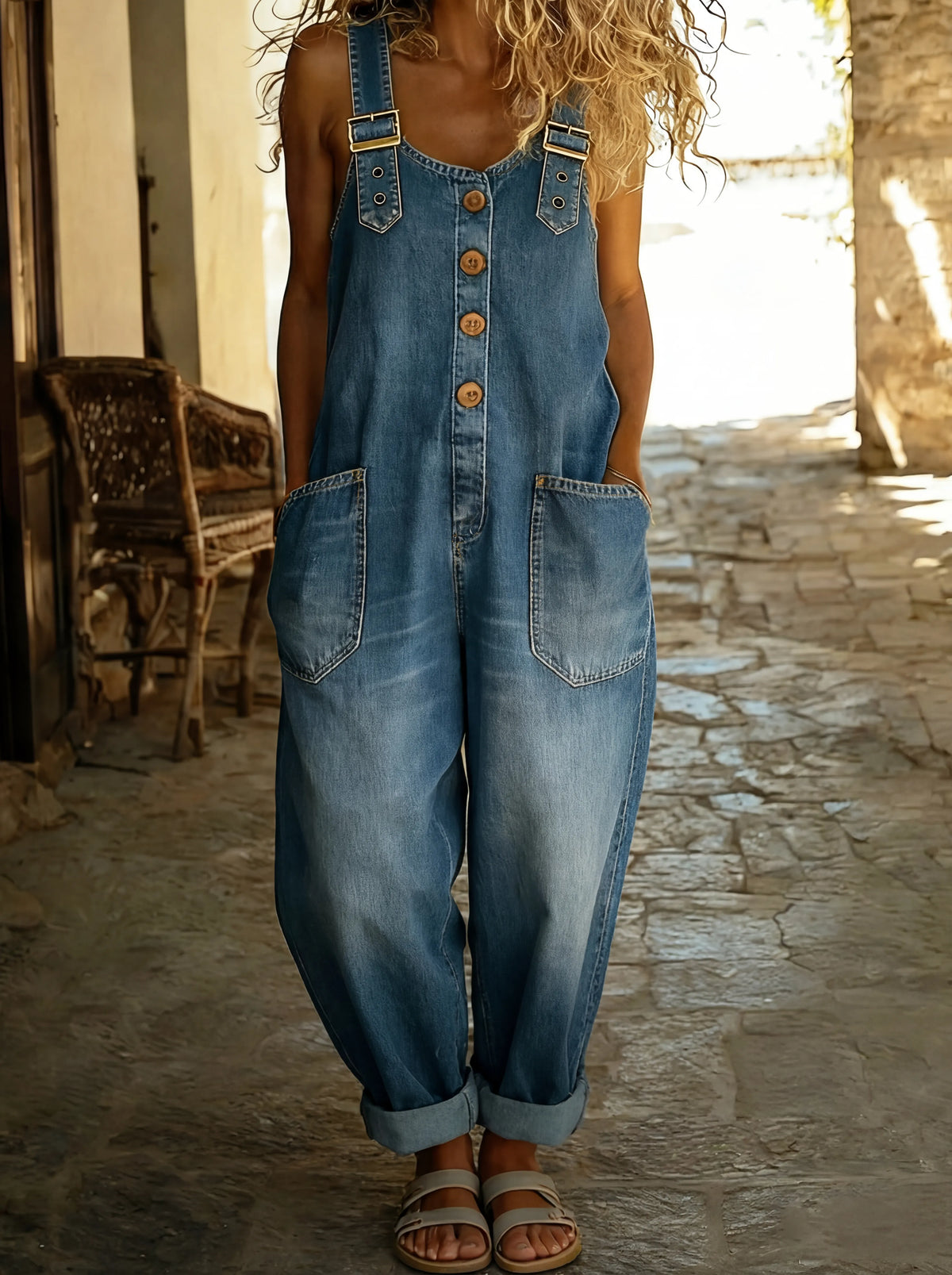 Elinrae - Soft-Touch Wide-Leg Jumpsuit - Denim