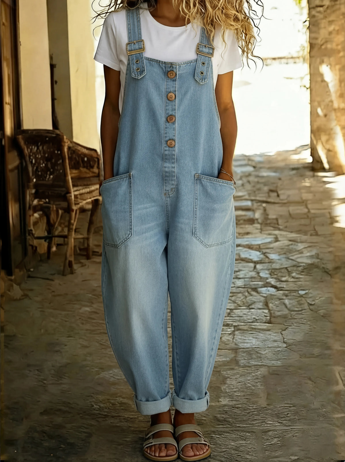 Elinrae - Soft-Touch Wide-Leg Jumpsuit - Denim