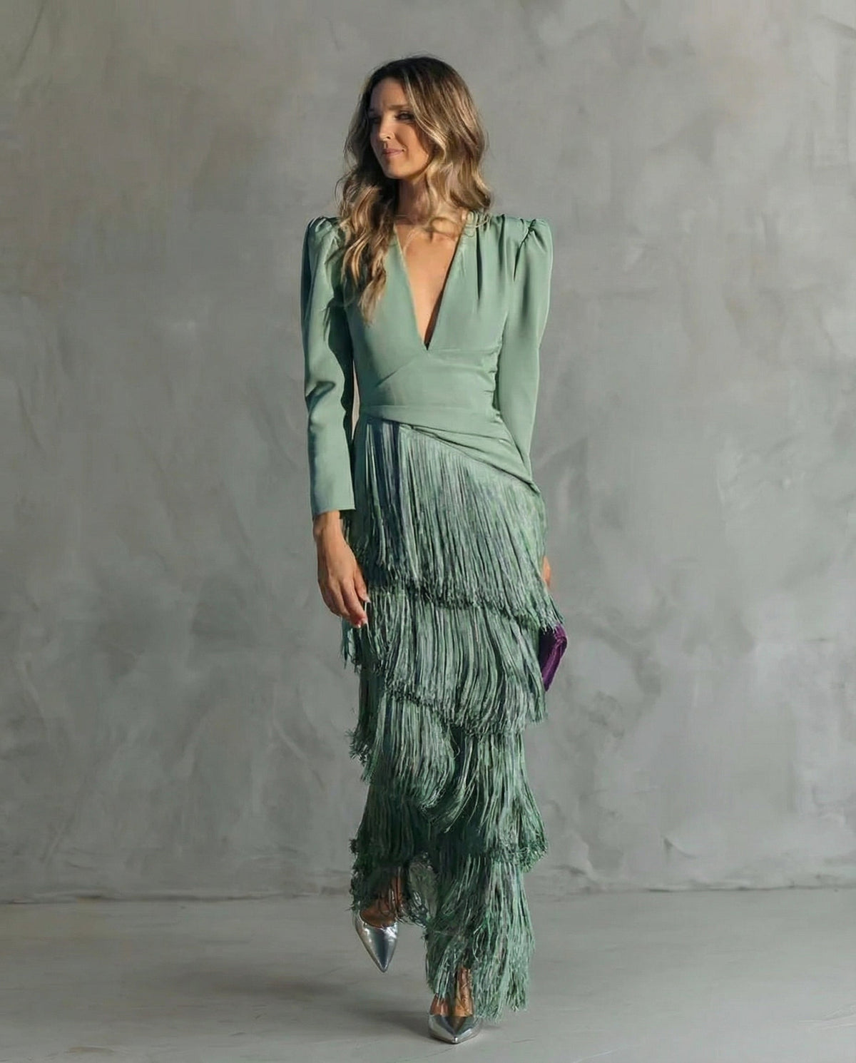 Serenva - Elegant Fringe-Sleeve Midi Dress - Coffee