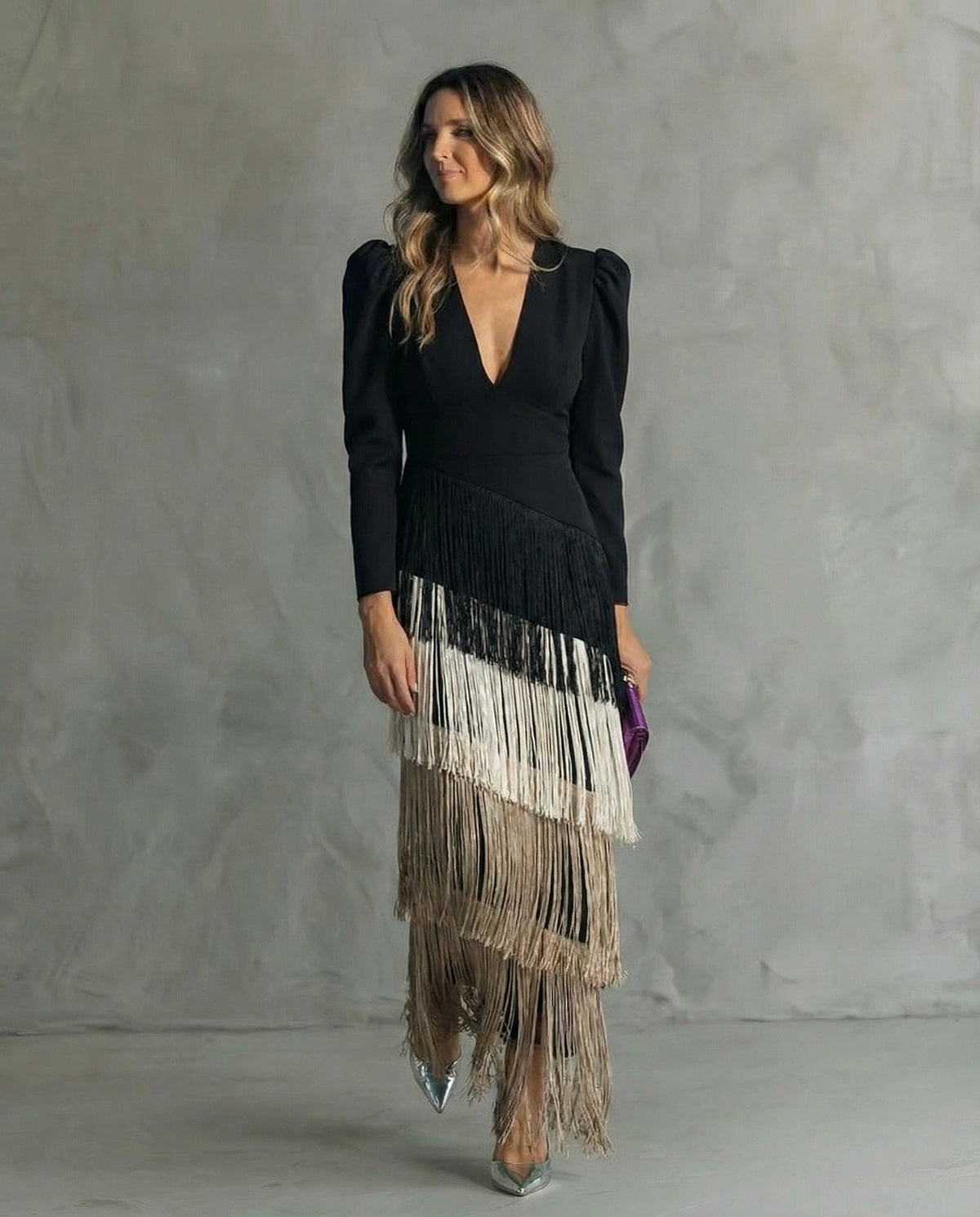 Serenva - Elegant Fringe-Sleeve Midi Dress - Coffee