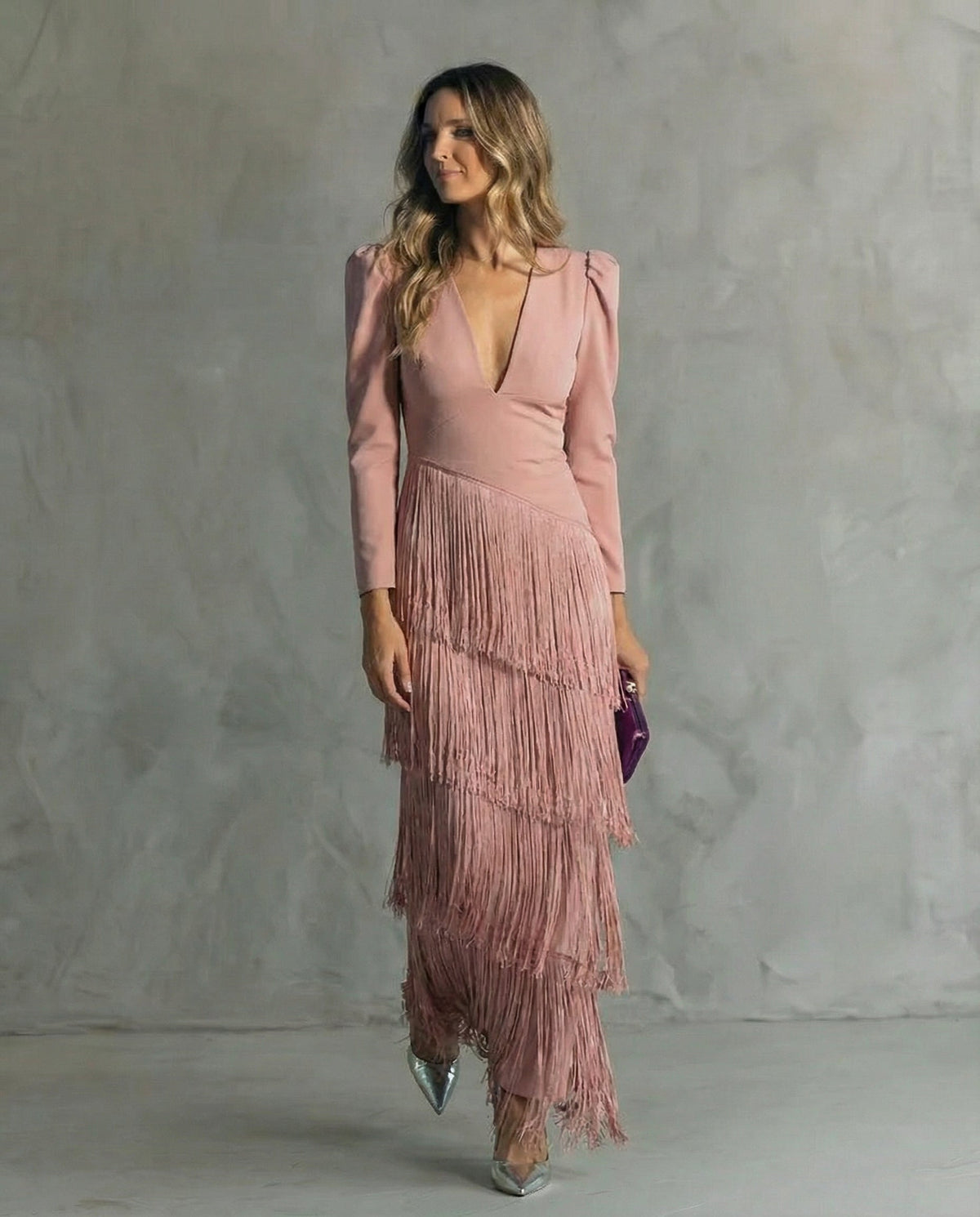 Serenva - Elegant Fringe-Sleeve Midi Dress - Light Green