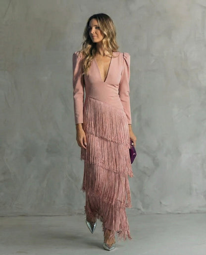 Serenva - Elegant Fringe-Sleeve Midi Dress - Light Green