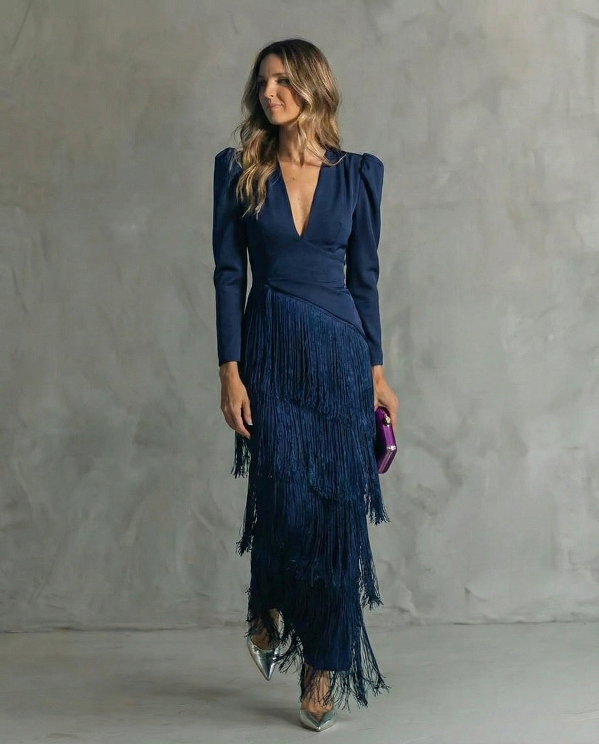 Serenva - Elegant Fringe-Sleeve Midi Dress - Light Green