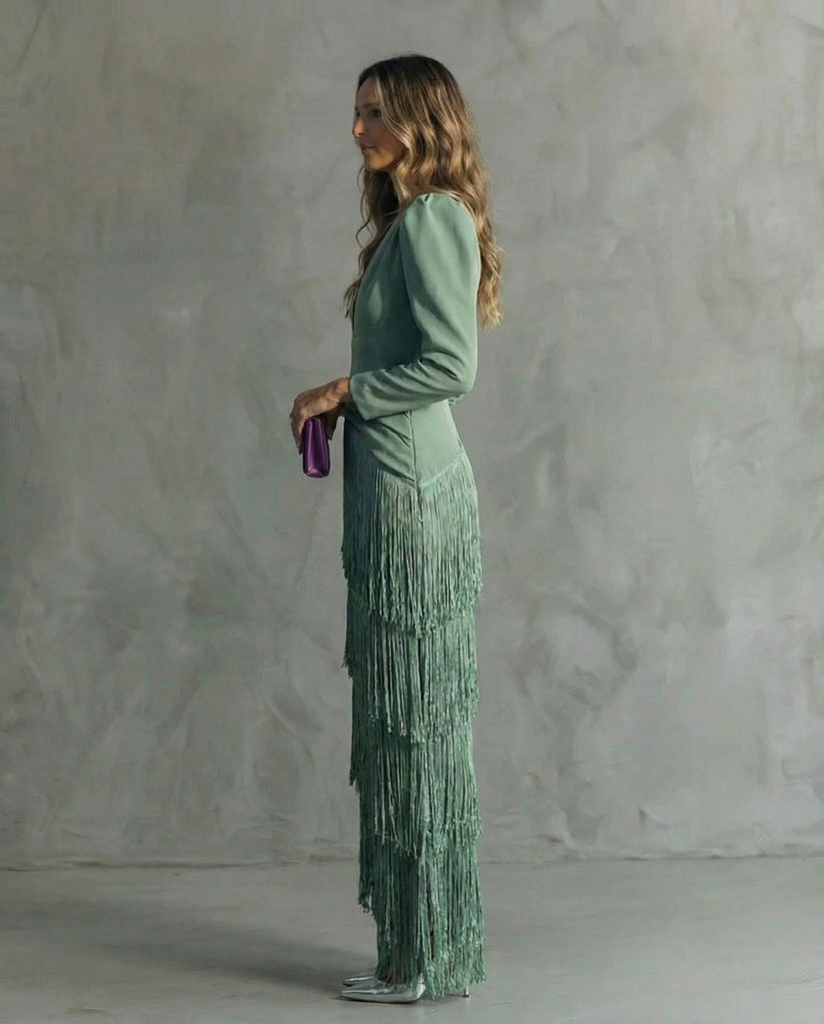 Serenva - Elegant Fringe-Sleeve Midi Dress - Coffee