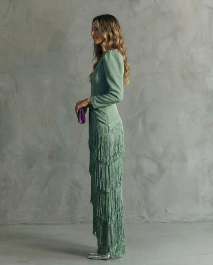 Serenva - Elegant Fringe-Sleeve Midi Dress - Coffee