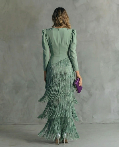 Serenva - Elegant Fringe-Sleeve Midi Dress - Coffee