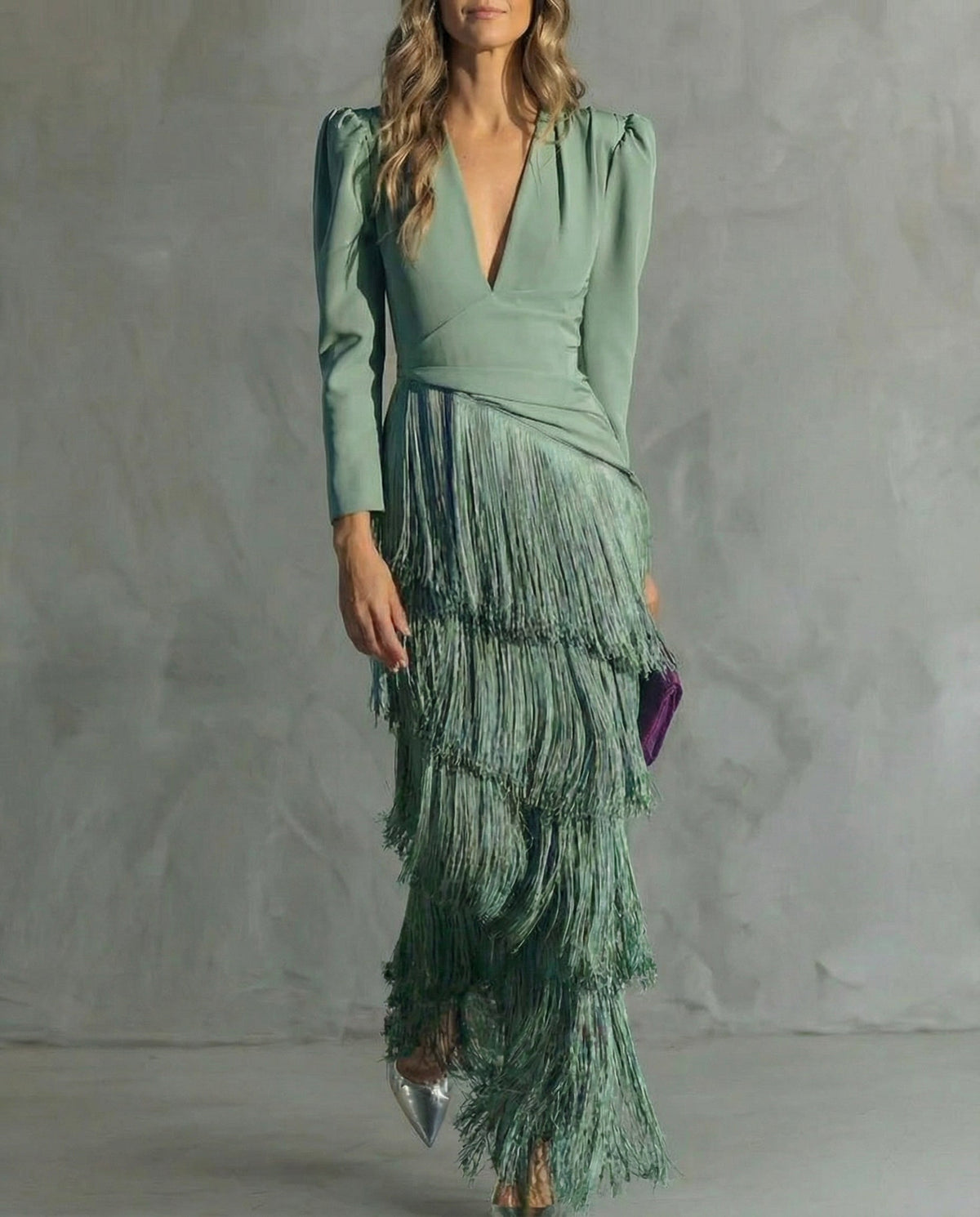 Serenva - Elegant Fringe-Sleeve Midi Dress - Coffee