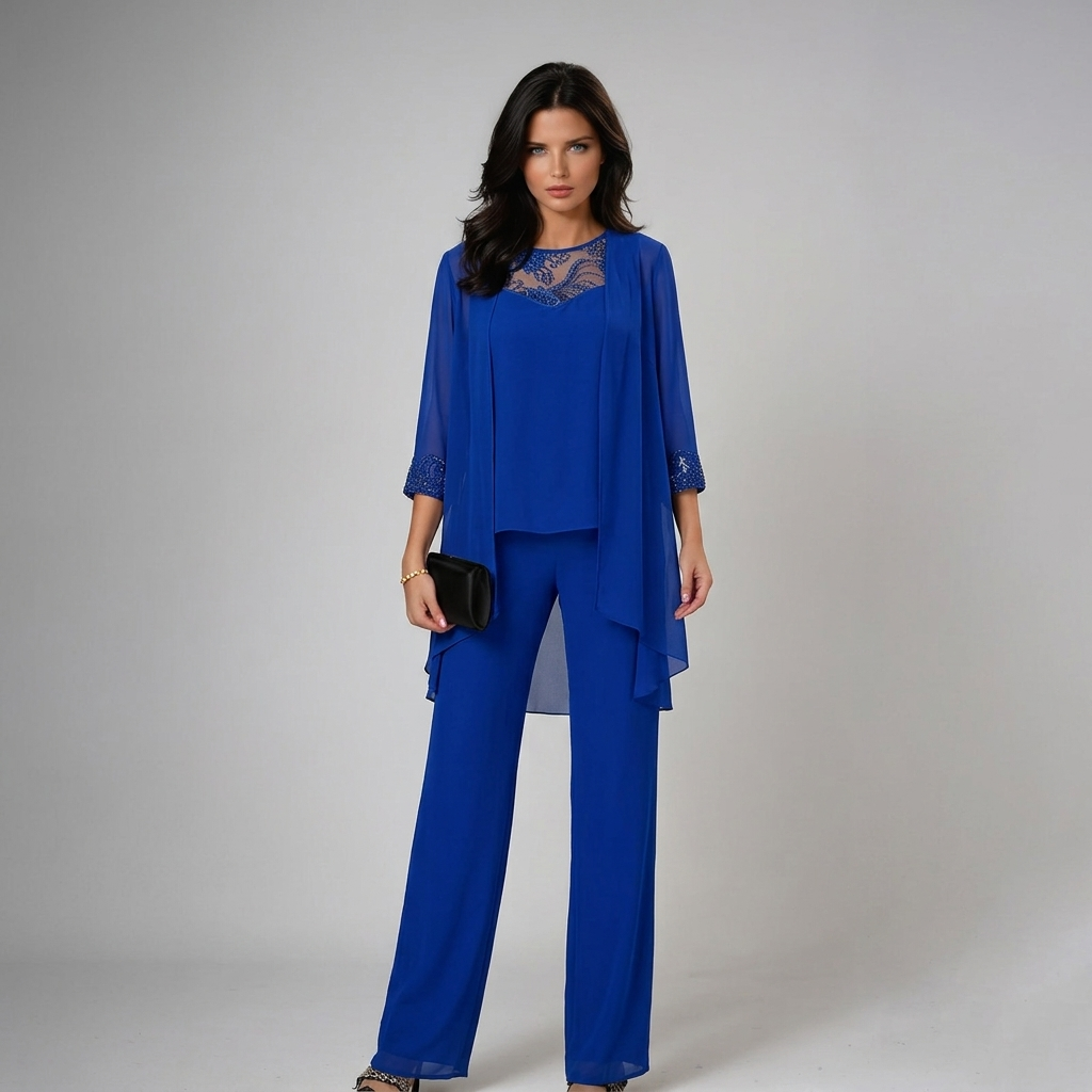 Bronte - Soft-Touch Three-Piece Pantsuit Set - Blue
