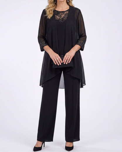Aeliana - Elegant Three-Piece Jacket & Wide-Leg Trouser Set - Blue