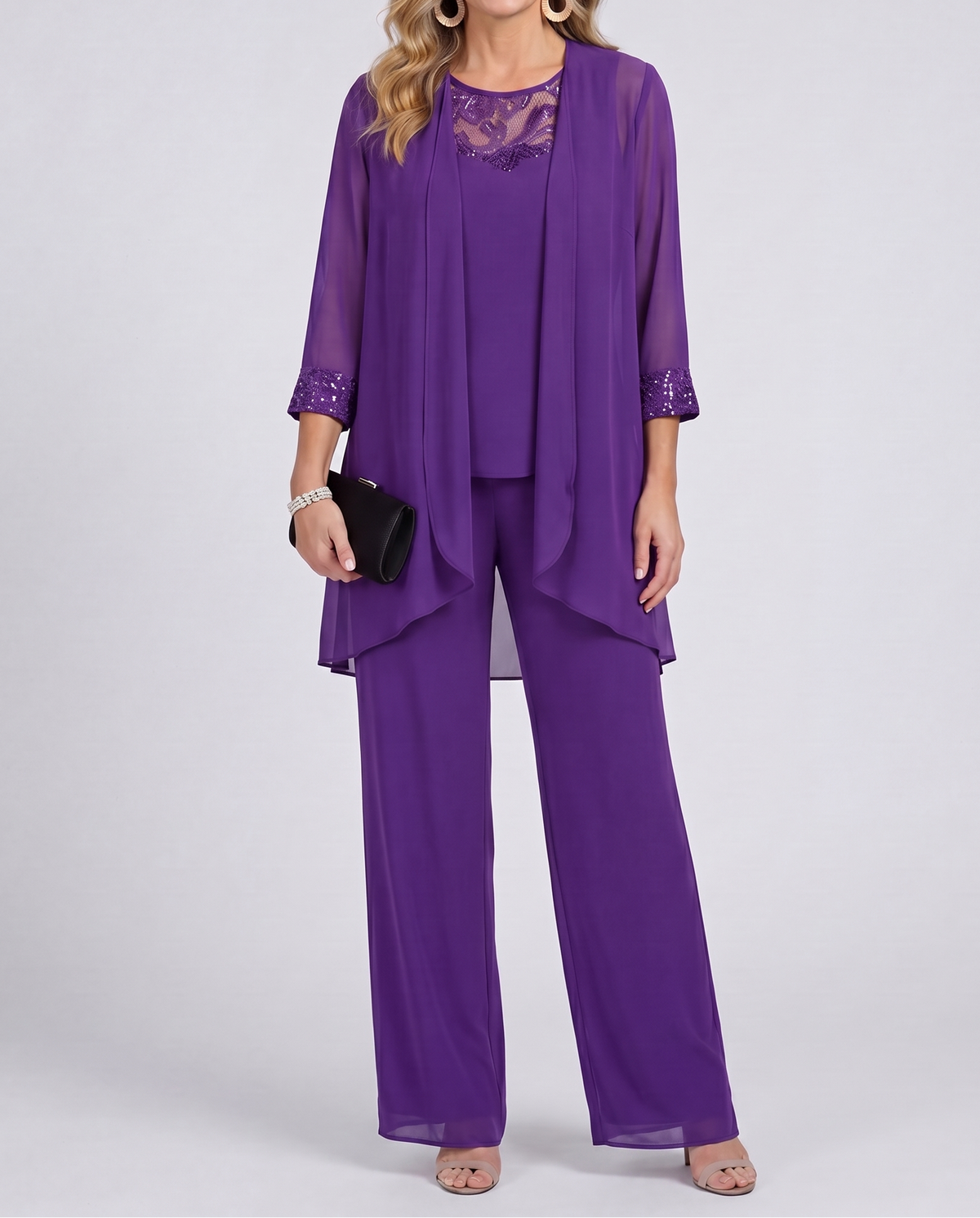 Aeliana - Elegant Three-Piece Jacket & Wide-Leg Trouser Set - Blue