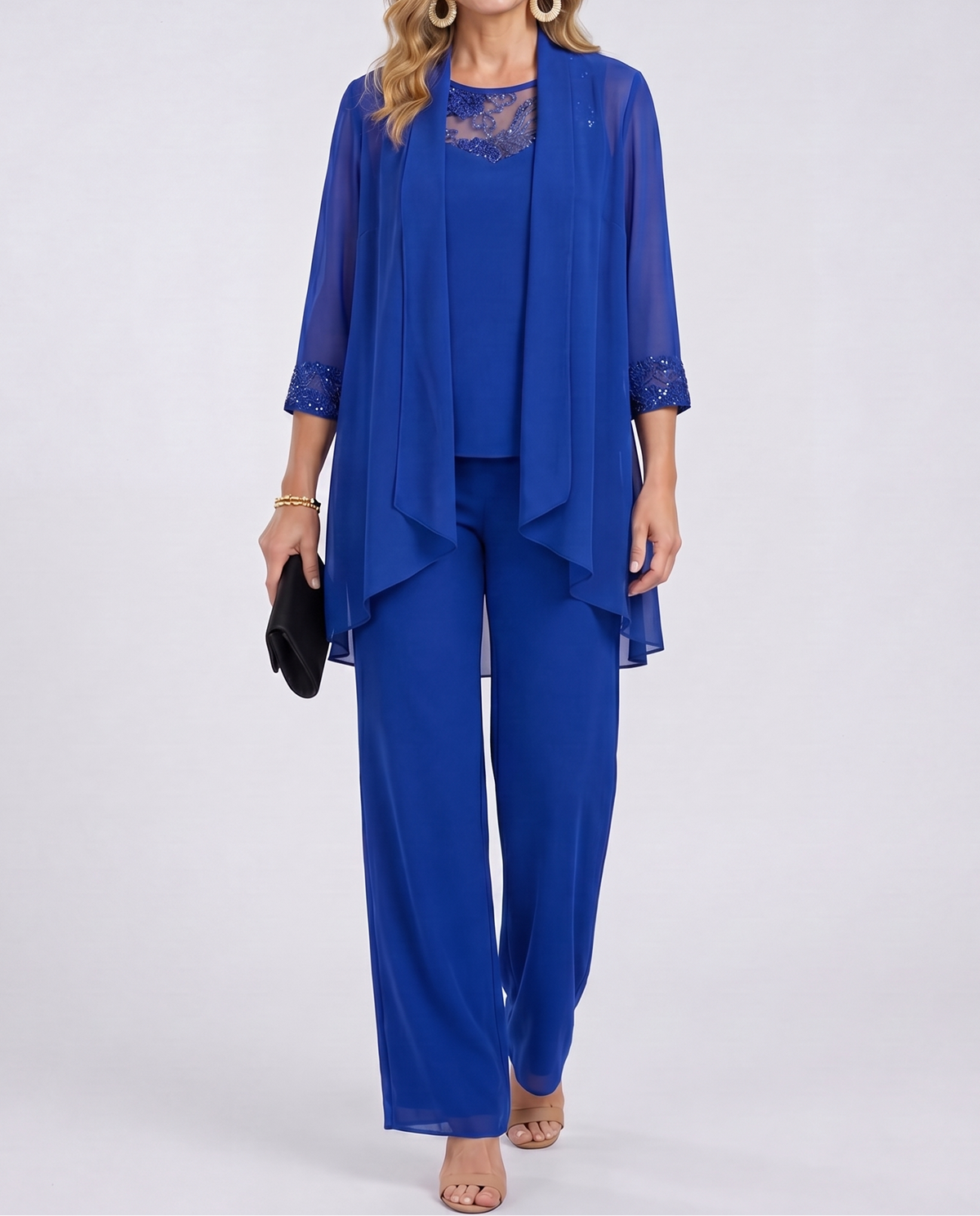Aeliana - Elegant Three-Piece Jacket & Wide-Leg Trouser Set - Blue