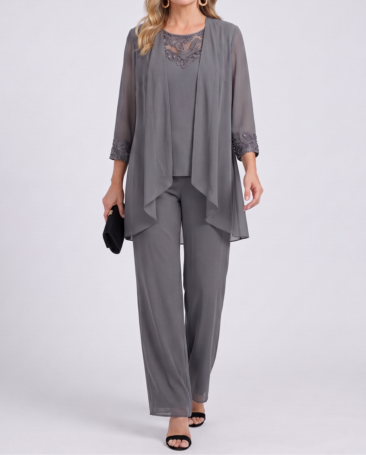 Aeliana - Elegant Three-Piece Jacket & Wide-Leg Trouser Set - Blue