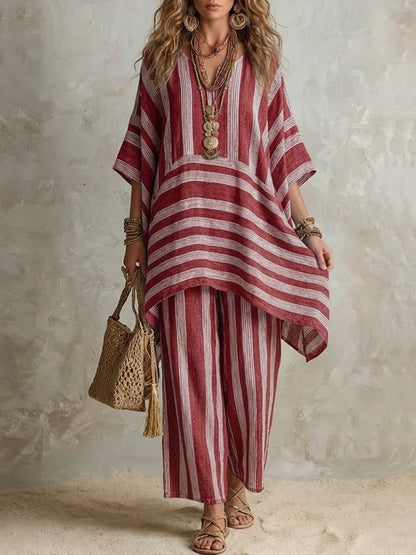 Elliotte - Striped Tunic and Wide Leg Trousers Set - Olive