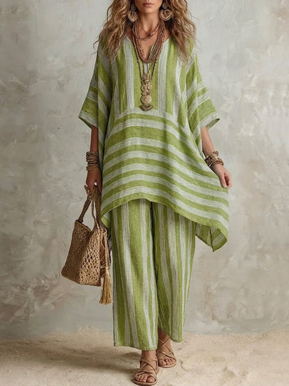 Elliotte - Striped Tunic and Wide Leg Trousers Set - Olive