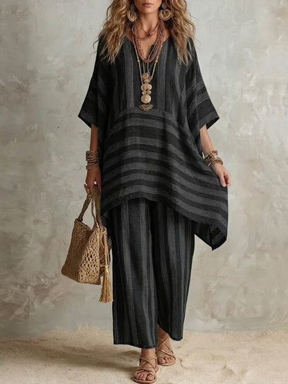 Elliotte - Striped Tunic and Wide Leg Trousers Set - Olive