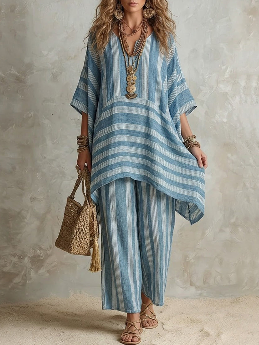 Elliotte - Striped Tunic and Wide Leg Trousers Set - Olive